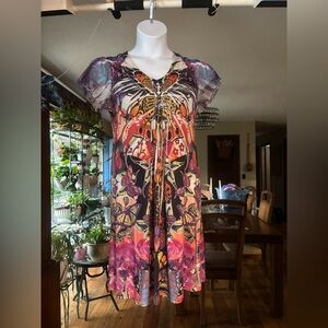 Y2K ONE WORLD Boho Multicolor Floral & Butterfly Print Women’s Dress Size Med